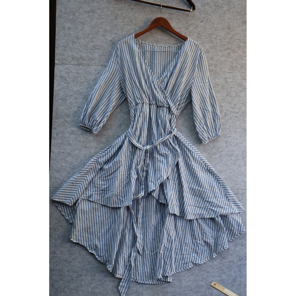 Old Navy Womens 1X Blue White Striped Cotton Wrap High Low Dress 3/4 Sleeve